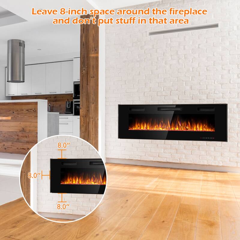 Gymax 60'' Fireplace Electric Recessed Wall Mounted Heater w/ Remote