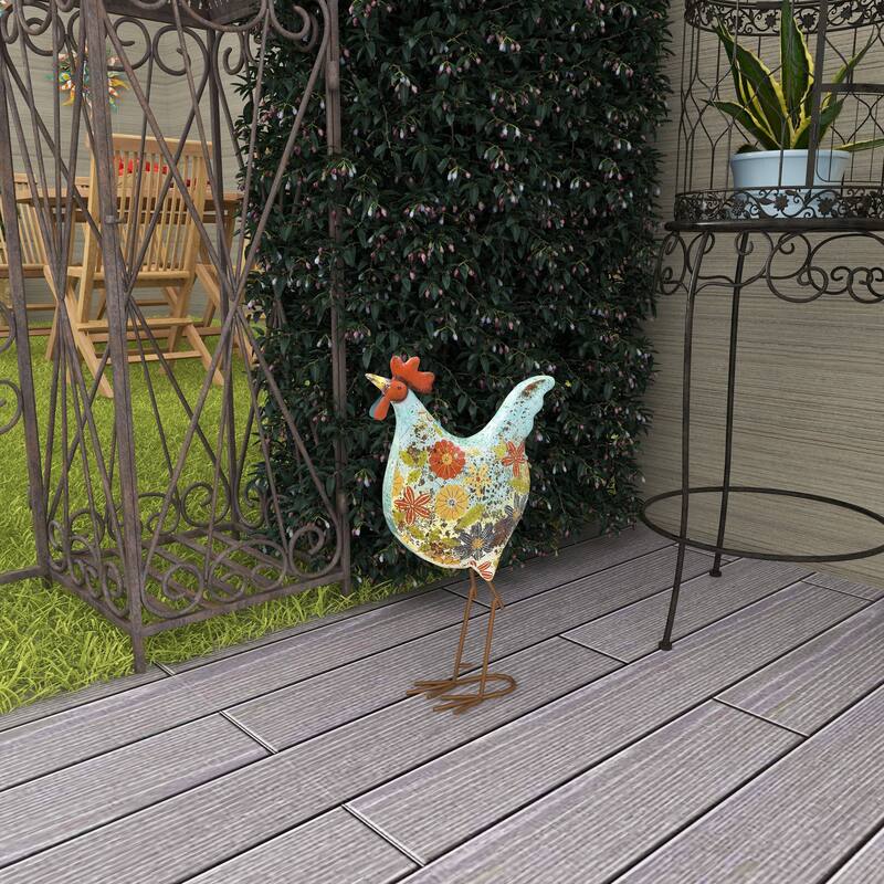 Green or Cream Metal Indoor Outdoor Distressed Standing Rooster Garden Sculpture with U Shaped Feet