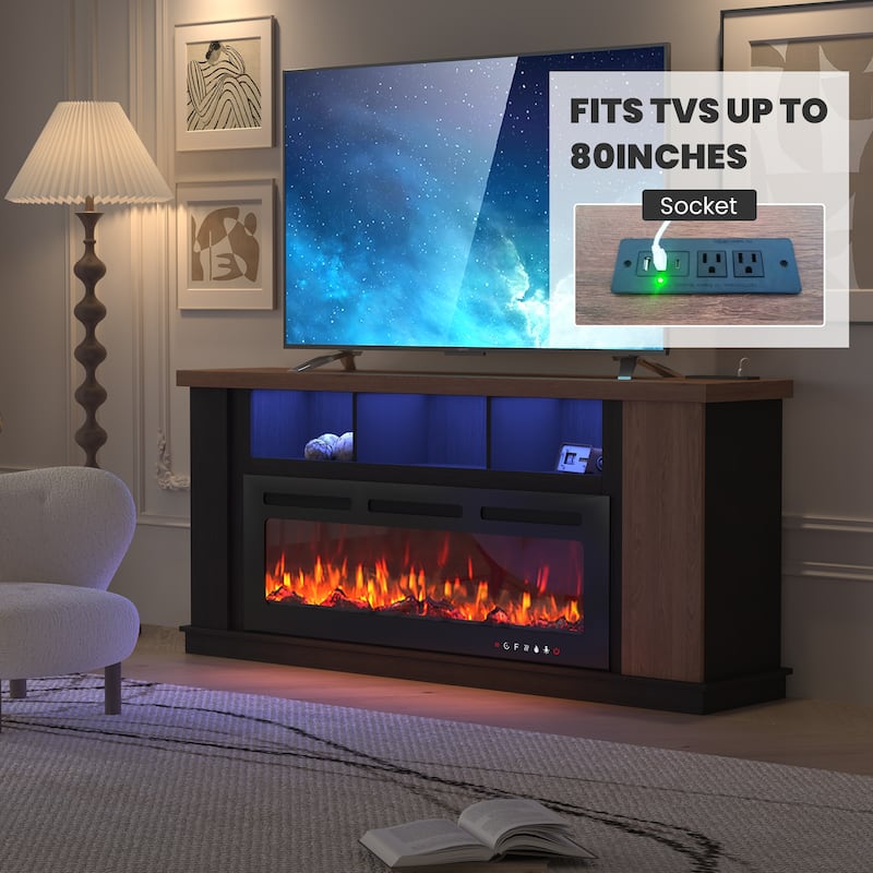 70" Traditional TV Stand with 50" Electric Fireplace, Light Strips, Sockets, Open Shelves, and Cabinets for TVs up to 80