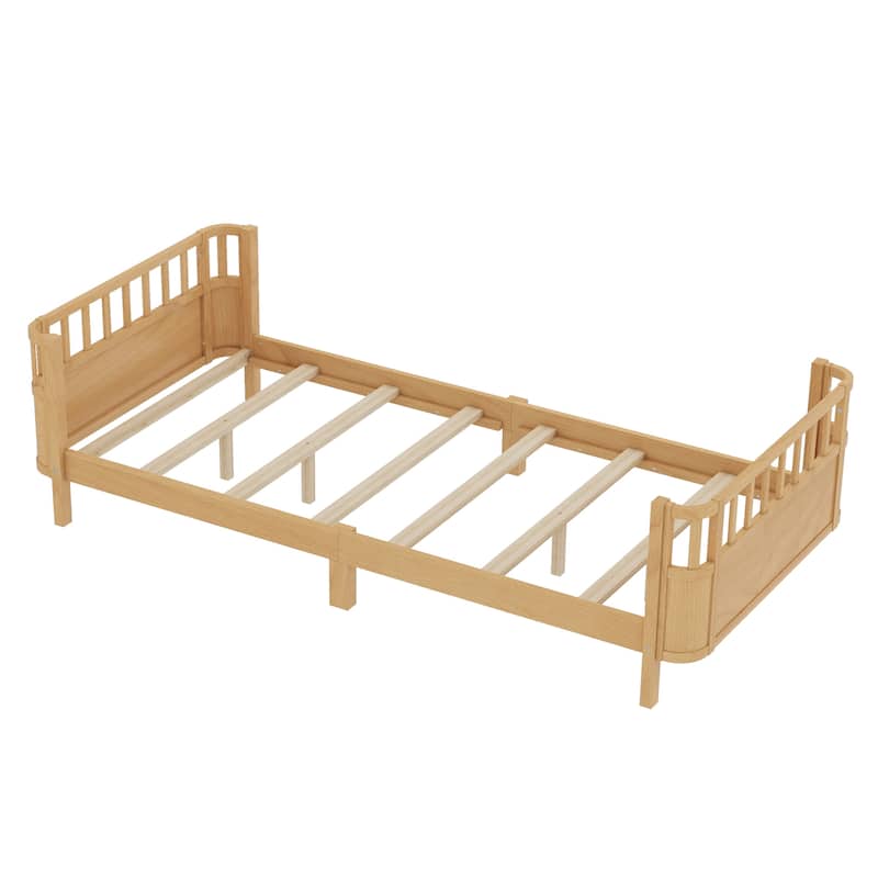 Multi Size Low Platform Bed for Kids with Rounded Corners Guardrails, Detachable Right-side Fence and Open Left-side Design