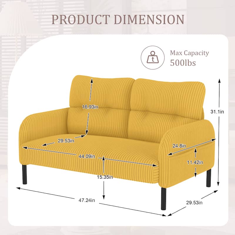 HOMEFUN Corduroy Upholstered Tufted Comfortable Wood Frame Loveseats Sofa with Double Side Pocket