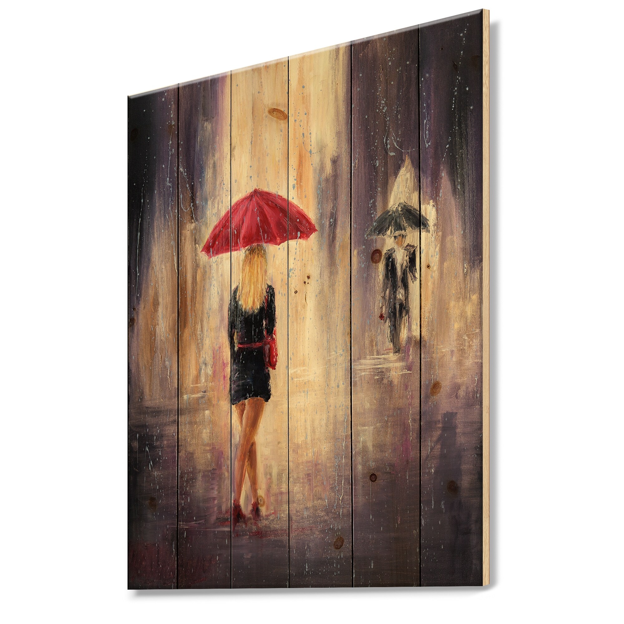 Designart Red Umbrella Lady Walking in Rain Canvas Art  -image