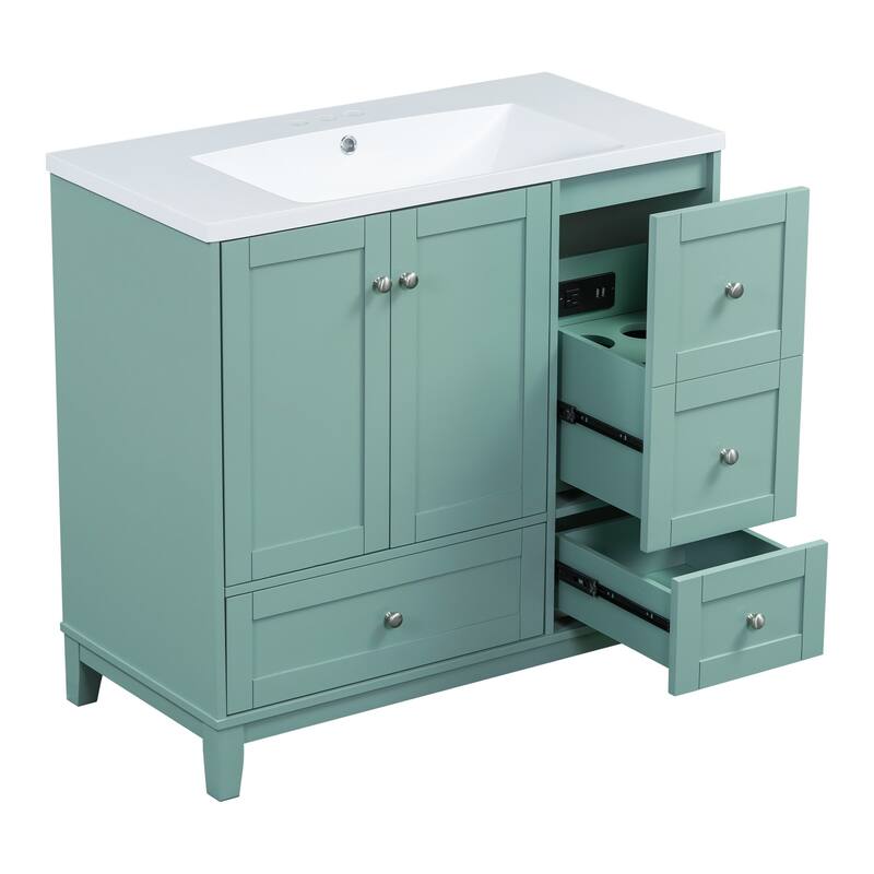 36 Inch Modern Green Bathroom Vanity with USB Charging, Resin Sink, 2 Doors and 3 Drawers