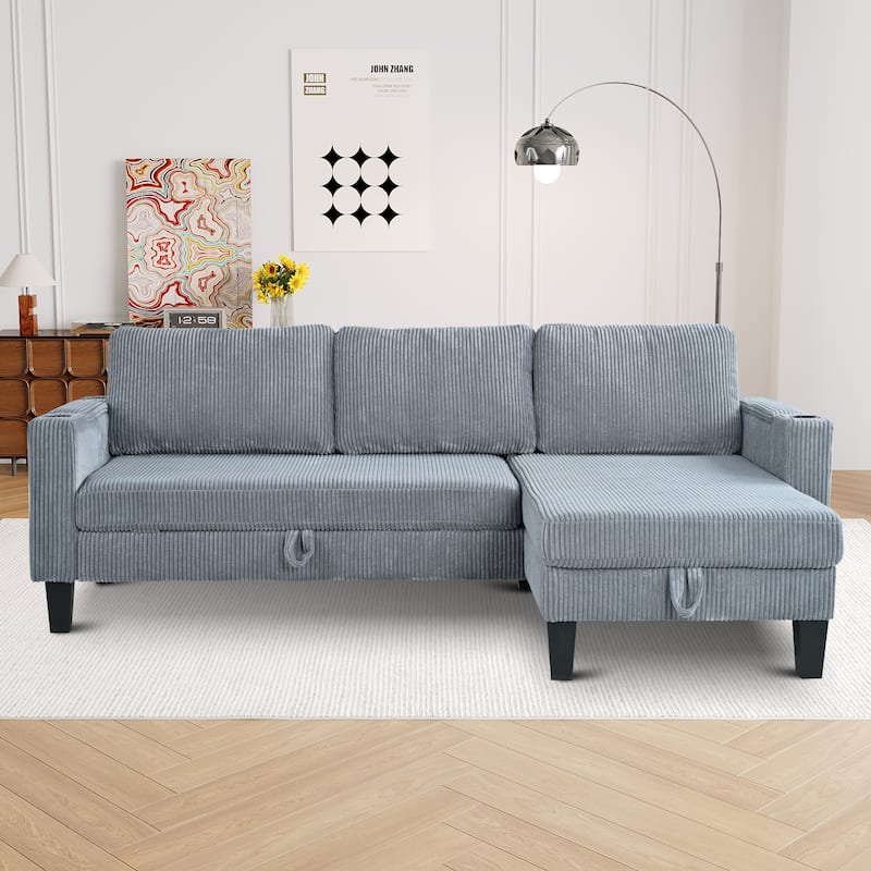 Christopher Knight Home - Reversible Fabric Sleeper L-Shaped Sectional Sofa with Storage Chaise, USB Ports & Cup Holders