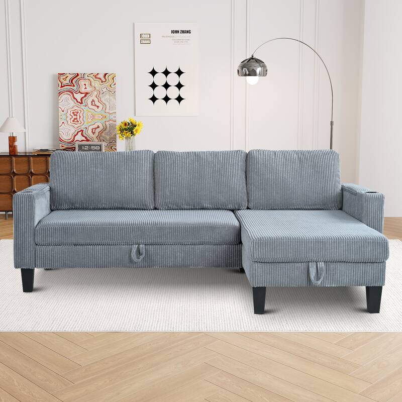 Reversible L-Shaped Sectional Sofa with Storage Chaise, USB Ports, Arm Cup Holder, Modern Corduroy Sleeper Couch for Living Room - Grey
