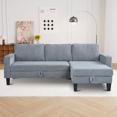 Reversible Sectional Sleeper Sofa, Gray Corduroy L-Shaped Couch with Storage, Cup Holders & USB Ports