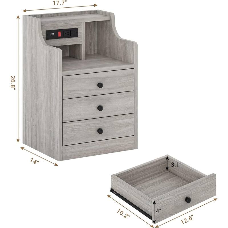 Small Nightstand 3 Drawers Charging Station End Side Table