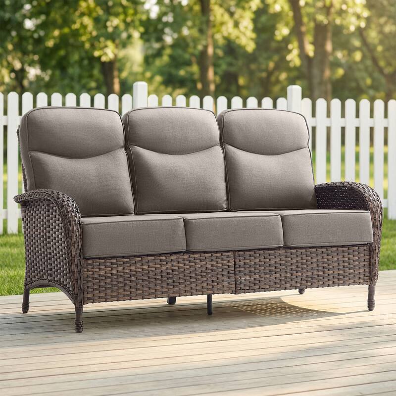 Pocassy Outdoor Wicker Patio Sofa with Anti-slip 6 In Cushions - Brown Wicker Gray Cushion - Only 3-Seat Sofa