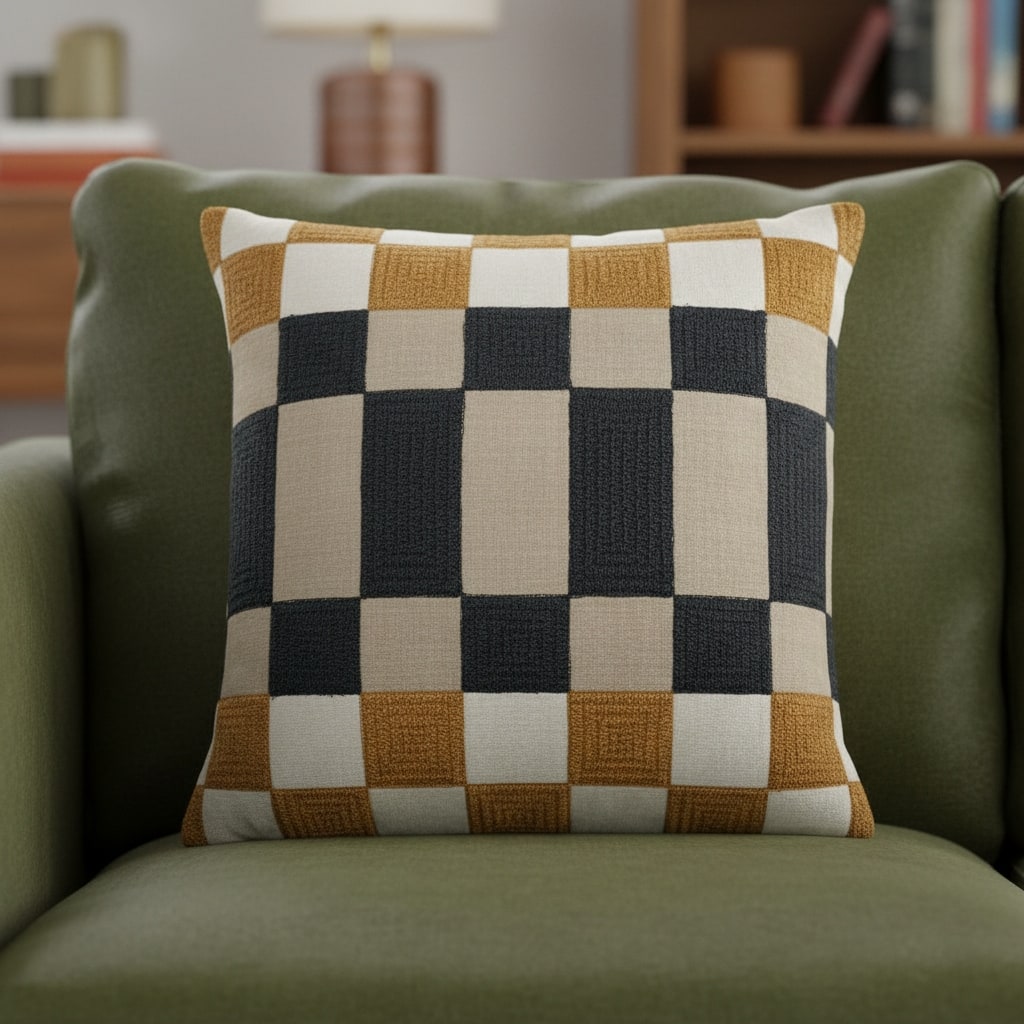 20" Beige Ivory And Navy Blue Check Throw Pillow Cover