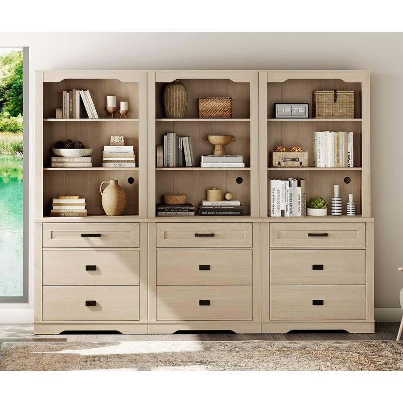 3 Tier Bookcase with Drawer,73.3" Tall Floor Standing Bookshelf - 94.5" - Light Oak