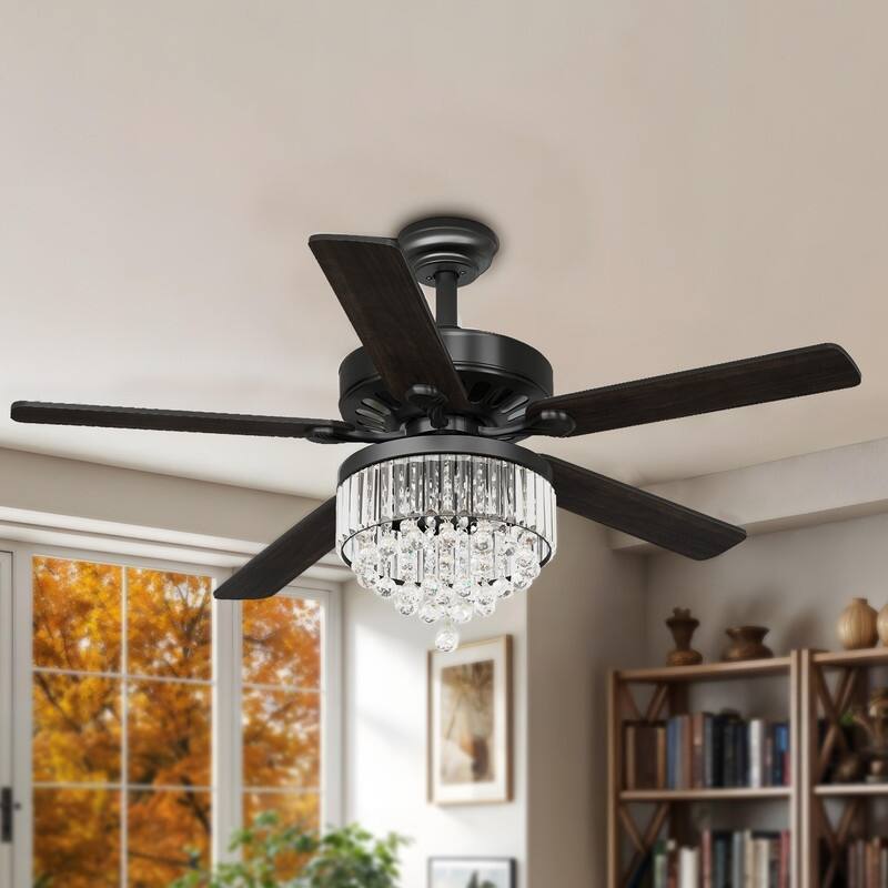 Moasis 52" Chandeliers Crystal Ceiling Fan with Light and 5 Dual Color Wooden Blades - Black