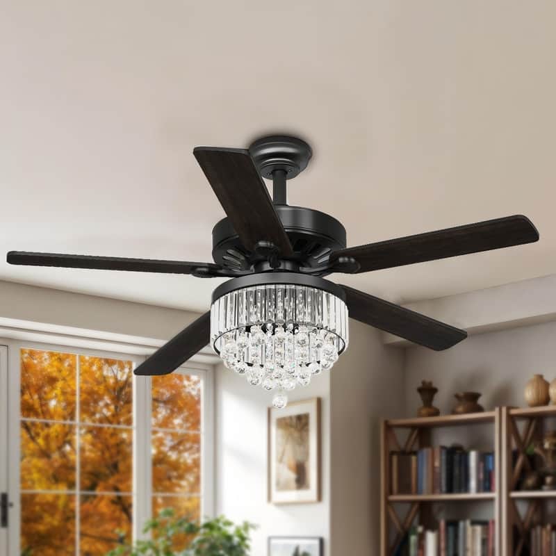 Moasis 52" Chandeliers Crystal Ceiling Fan with Light and 5 Dual Color Wooden Blades
