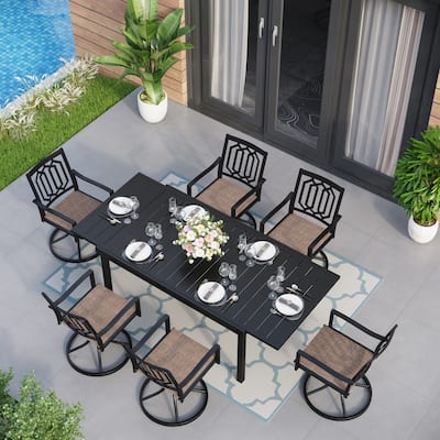 Outdoor 7 Pieces Dining Set with 6 Swivel Metal Chairs of Textilene Seat and 1 Expandable Rectangle Table