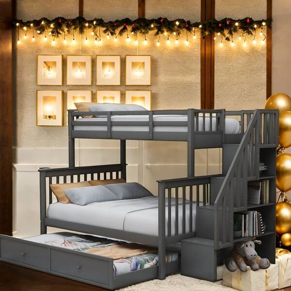 slide 2 of 39, Stairway Twin-Over-Full Bunk Bed with Twin Size Trundle, Storage and Guard Rail for Bedroom, Dorm Grey