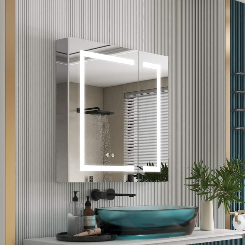 30" H Recessed or Surface LED Mirror Cabinet with Adjustable Glass Shelves,Defogger, Dimmer And Outlets & USB Ports