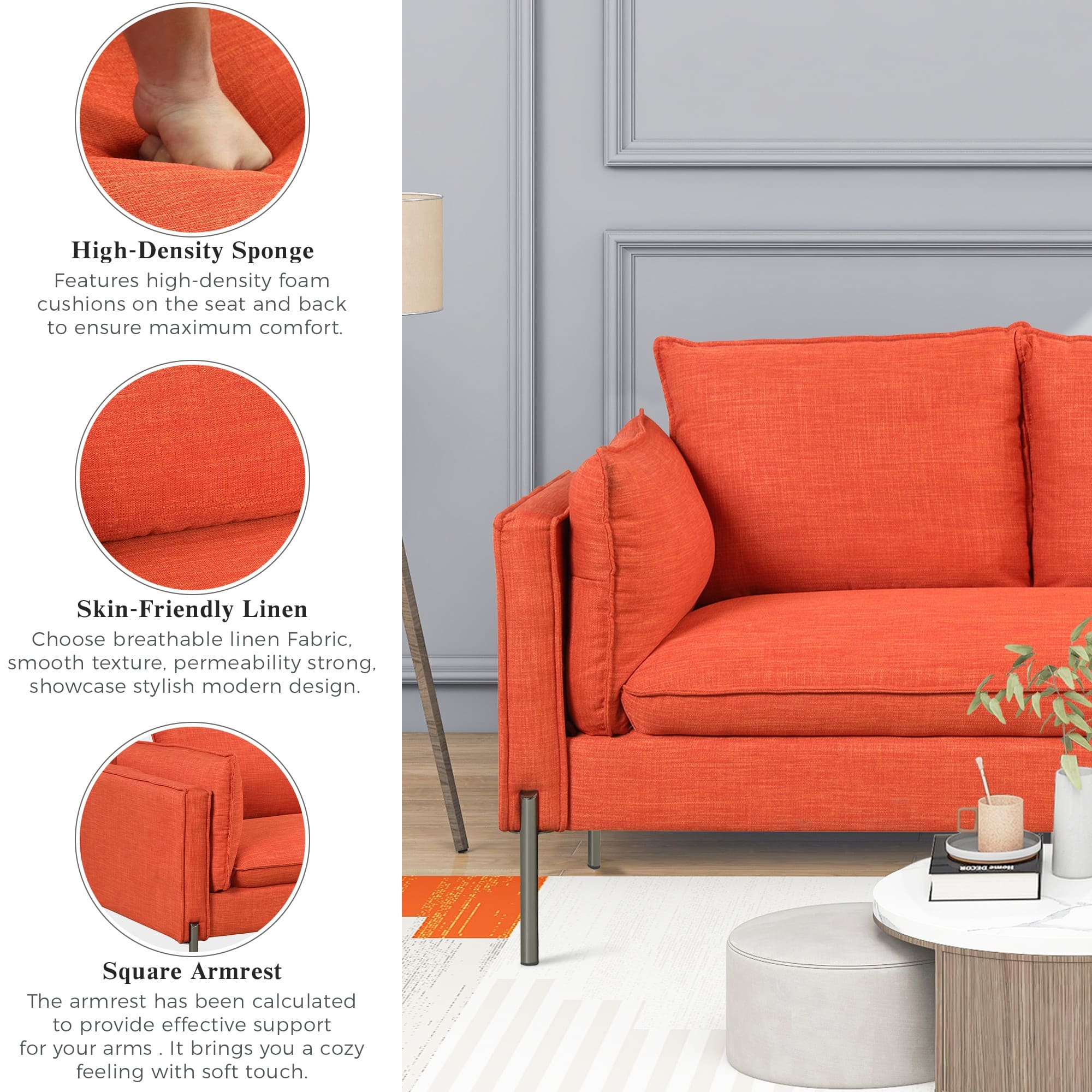 Orange Modern Loveseat Sofa Couch, Linen Fabric Accent Loveseat Couches ...