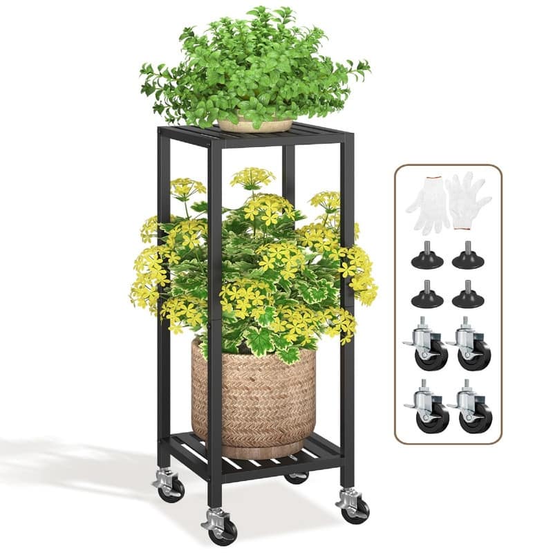 2 Tier Black Metal Plant Stand - 11.6 x 10.8 x 33.7 inches - Charcoal Black