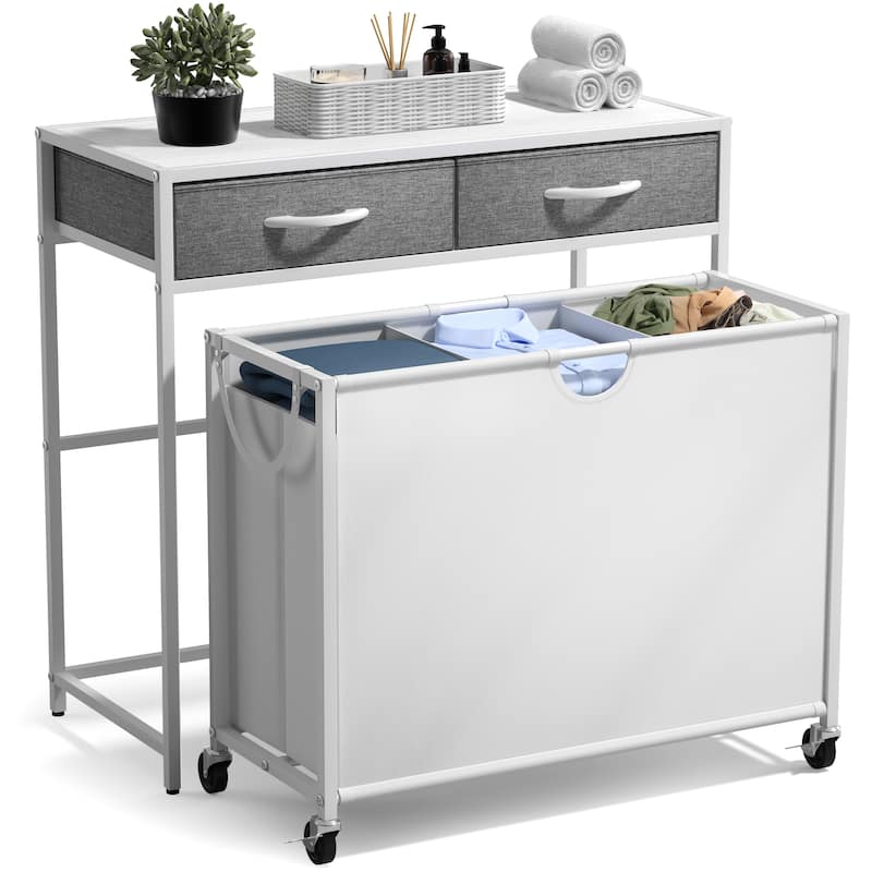 Sorbus Dresser with 3 Section Laundry Hamper Pull-Out with Wheels and 2 Drawers Laundry Room Organization - White
