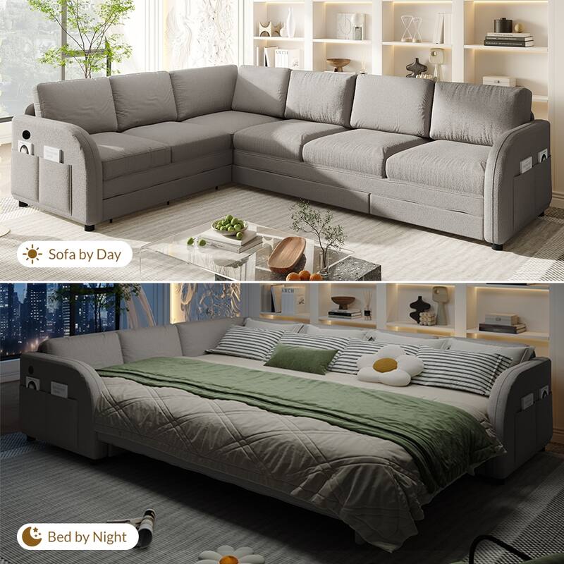 115" L-Shaped Sectional with Pull-Out Bed, USB Ports & Side Pockets, King Size Upholstered Bed