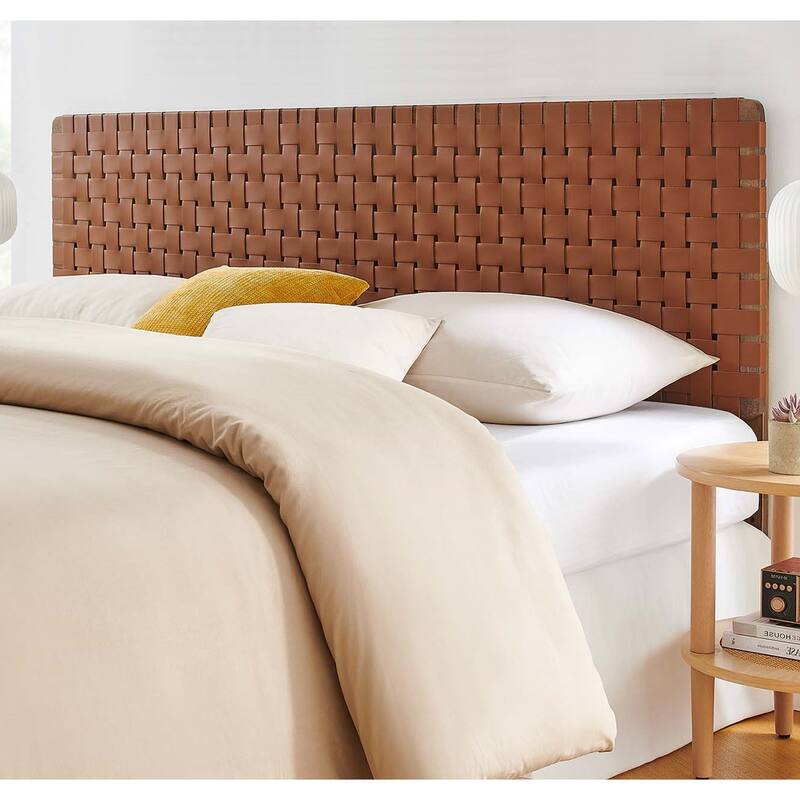 Ditmas Solid Wooden Brown Leather Basket Weaved King Size Headboard