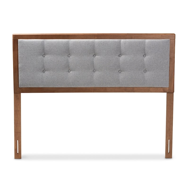 Sarine Mid-Century Modern Light Grey Fabric Upholstered Walnut Brown Finished Wood Full Size Headboard - Light Grey