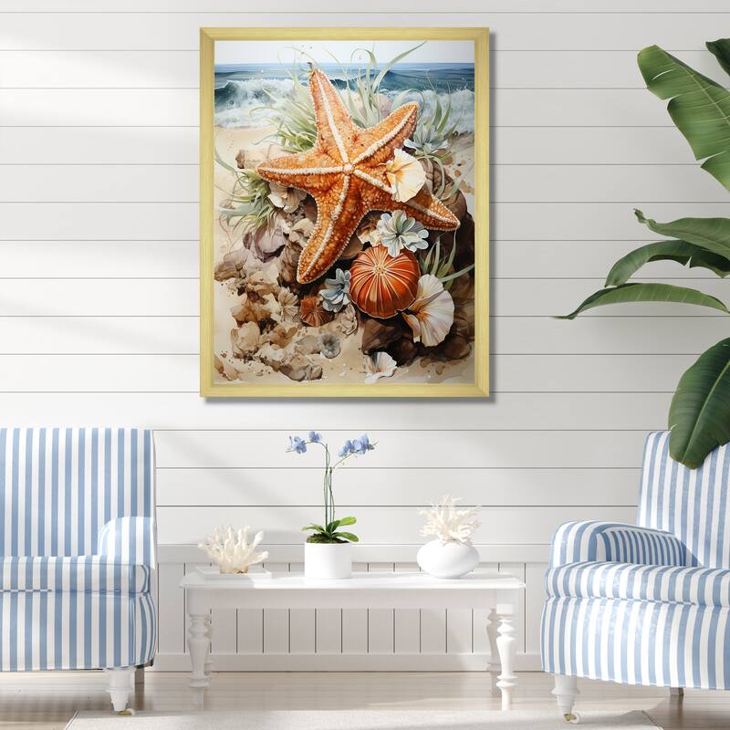 Designart "Orange And Blue Starfish Sands II" Coastal Tropical Wall Decor Orange Coastal Entryway Framed Wall Art Print - 16 in. wide x 32 in. high - Gold
