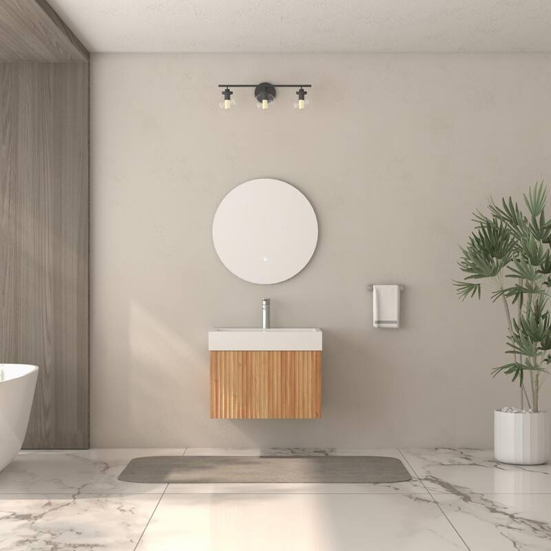 24" Bathroom Vanity with Sink,Wall Mounted Floating Bathroom Cabinet with Integrated Basin Plywood Finish Modern Design - Acacia Wood