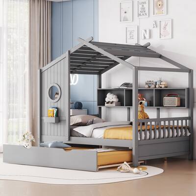 Full Size Wooden House Bed with Trundle and Storage Shelf