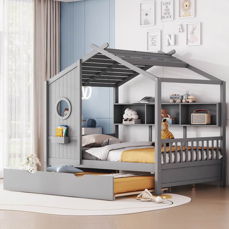 Wooden Twin Size House Bed with Trundle and Storage Shelves for Kids