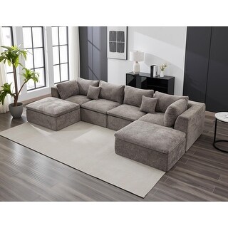 140" U-Shaped Modular Sectional Sofa, 6-Seater Oversized Chenille Couch with Double Chaise, Ottoman & Pillows