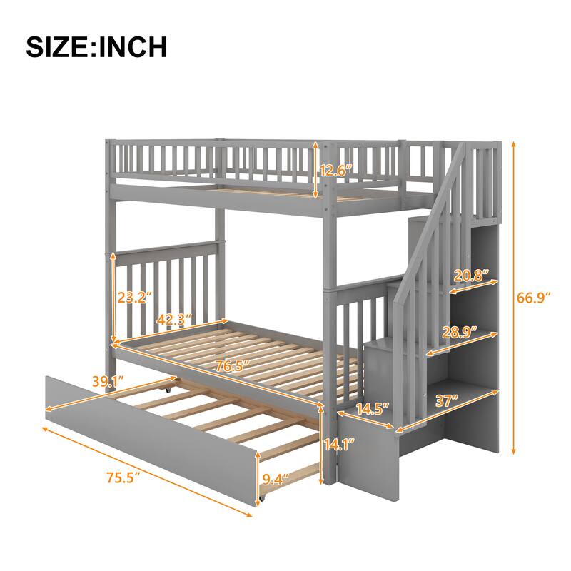 Staircase Twin Size Bunk Bed with Trundle, 3 in 1 Triple Bunkbeds Frame w/Storage Stairs & Safety Rails, Twin Over Twin Size