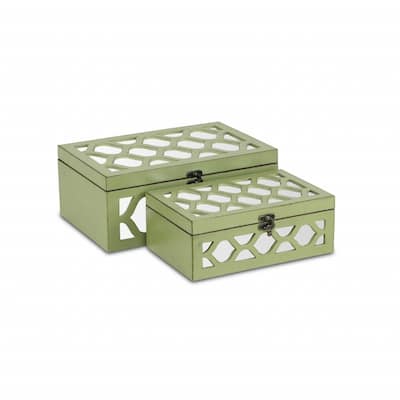 HomeRoots Set of Green Quatrefoil Mirror Jewelry Storage Boxes