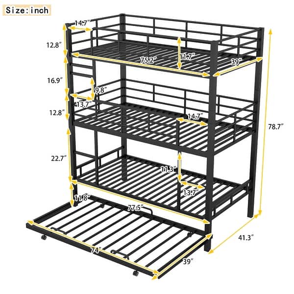 dimension image slide 0 of 2, 3 IN 1Twin-Twin -Twin Size Triple Bunk Bed With Trundle