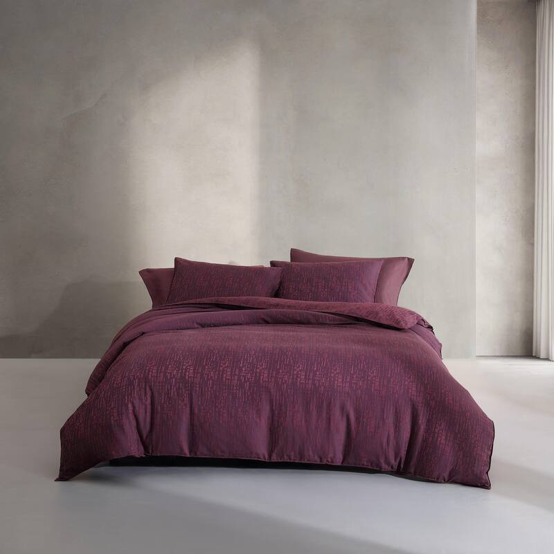 Calvin Klein Linear Circuit Cotton Jacquard Duvet Cover Set Soft Textured Modern (Red, 3 Piece)