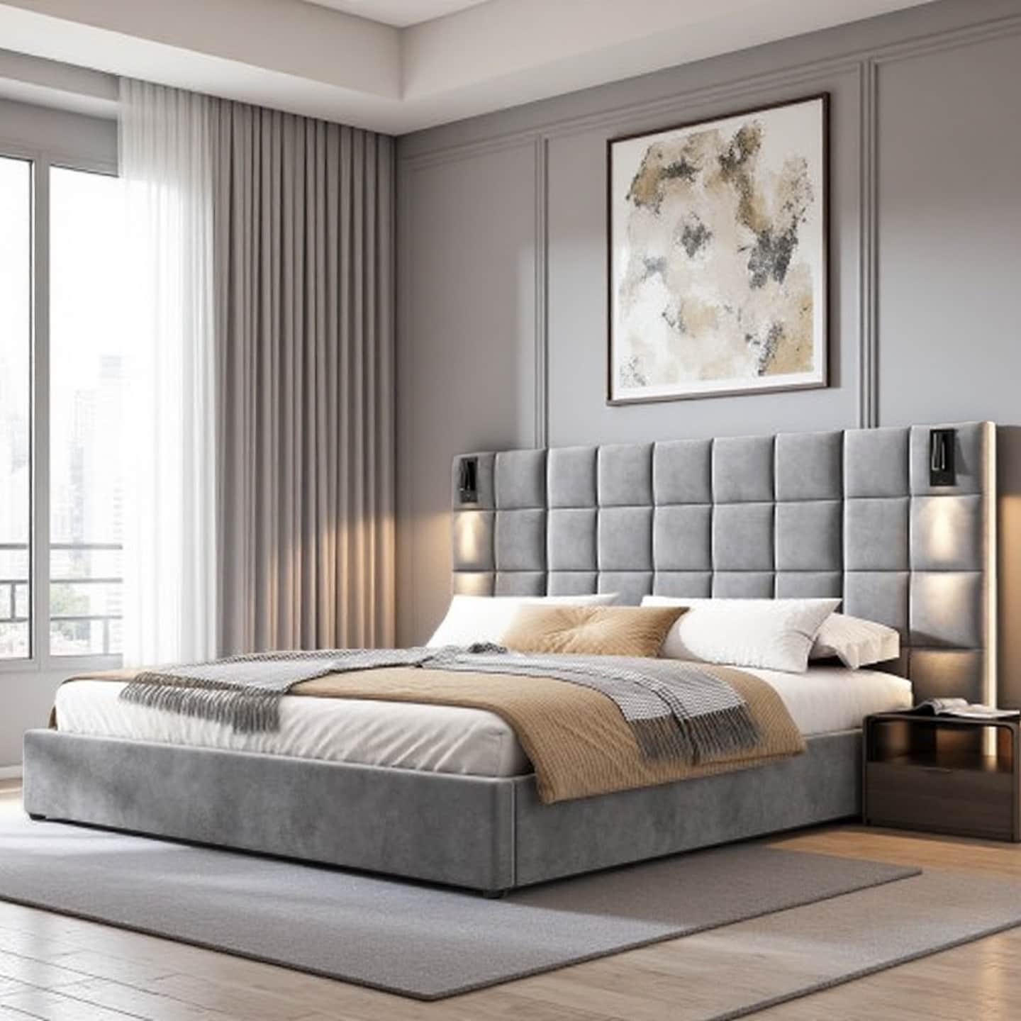 Queen Size Velvet Upholstered Bed Frame with Wide Padded Headboard, Built-In USB & Adjustable Reading Lamp