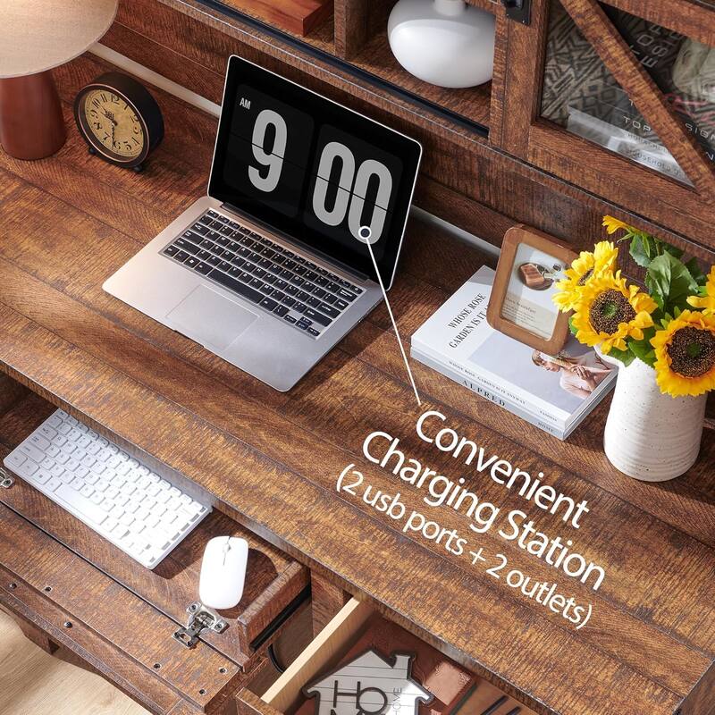 Farmhouse L Shaped Desk with Hutch, Wood Desk with Charging Station