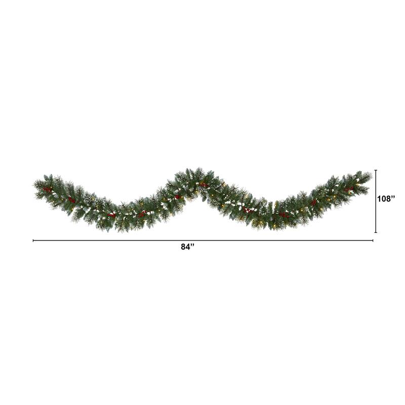 9' x 7" Frosted Swiss Pine Berries Artificial Christmas Garland Clear Led Lights