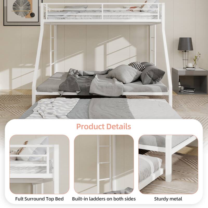 High - Stability Square Tube Bunk Bed, Featuring Ladder & Rolling Trundle, Modern Minimalist Look, Full