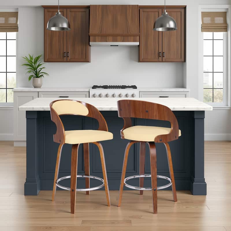 Shelly Mid-Century Swivel Bar Stool, Upholstered Counter Height Chair with Bentwood Legs - Cream & Walnut - Counter Height - Set of 2