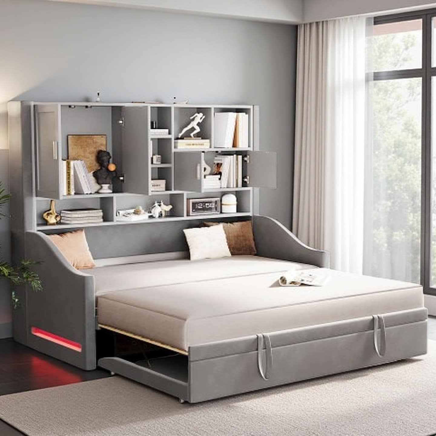 Twin Upholstered Daybed with LED Armrest Lighting, Storage Shelves & Cabinets, Pull-Out Lift-Up Trundle, Velvet Frame