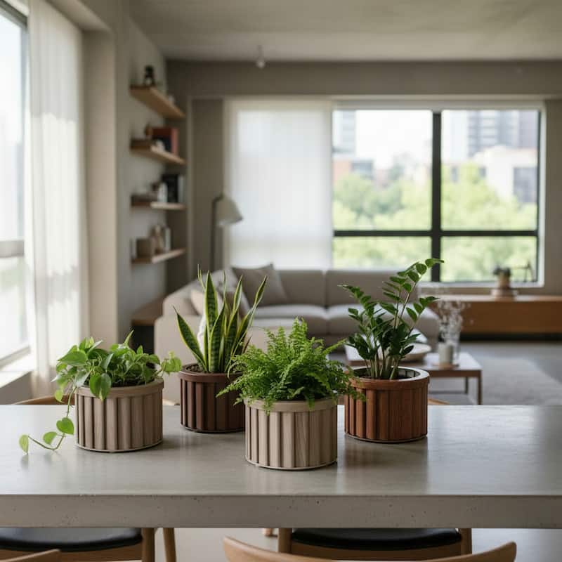 Anmytek Modern Rolling Planter with Wood-Grain Finish & Fluted Detailing, Removable Saucer, Mobile Plant Stand for Living Room