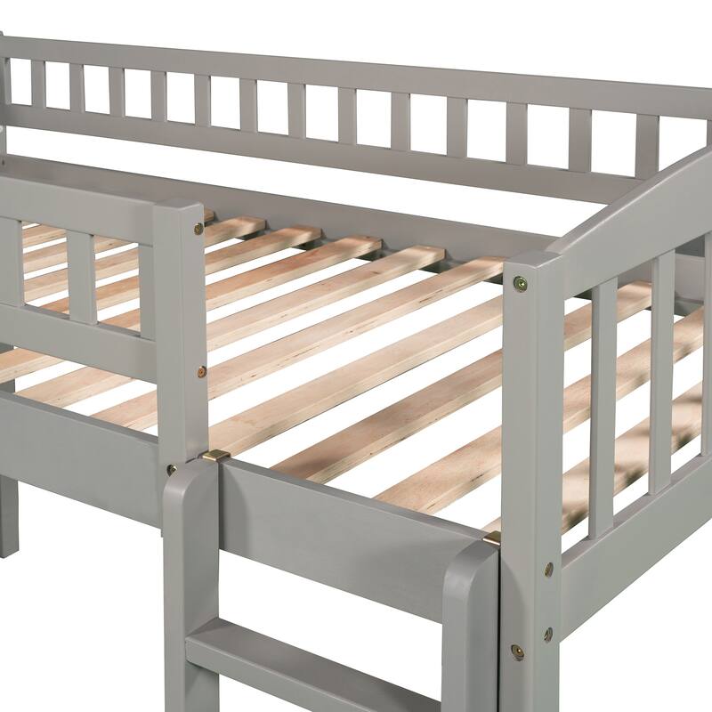 Wooden Twin Loft Bed, Twin Size Kids Play Loft Bed with Slide and Ladder, Solid Pine Low Loft Bed Frame with Safety Guardrail
