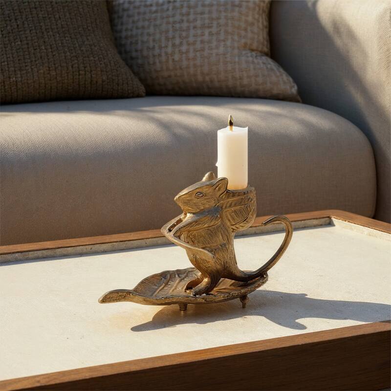 Mouse-on-Leaf Cast Metal Taper Holder - 6.13"L x 3.75"W x 3.38"H - Antique Gold