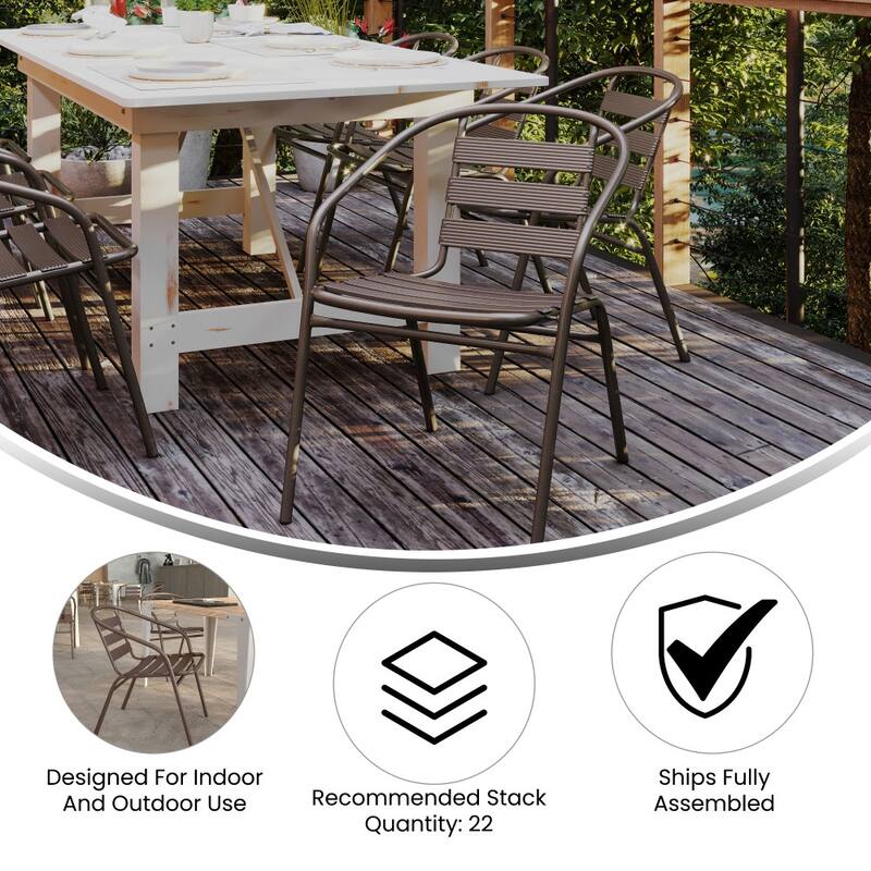 23.5" Square Glass Metal Table with 2 Metal Aluminum Slat Stack Chairs