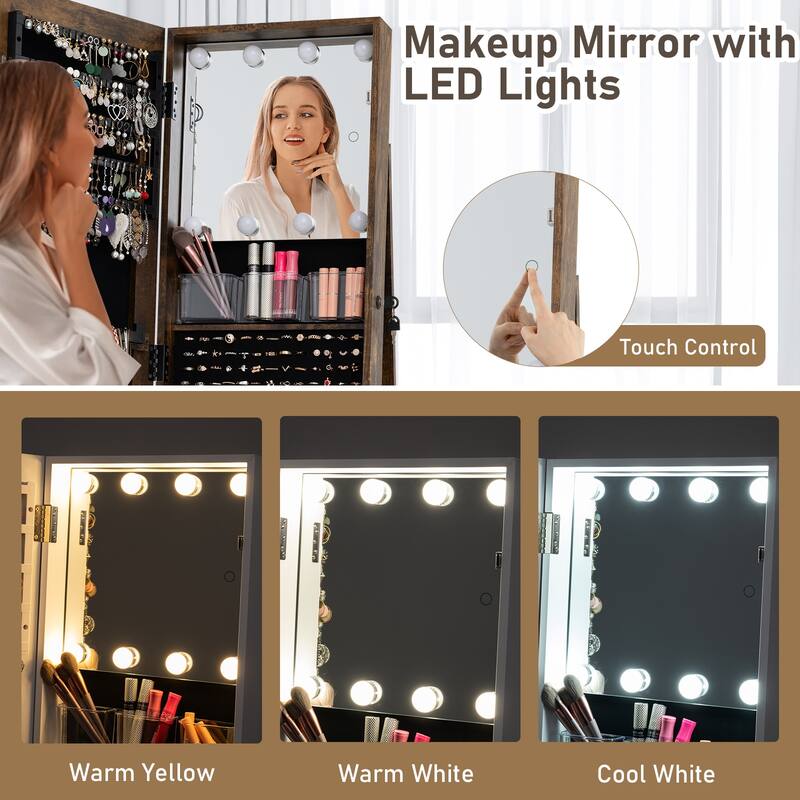 360 Rotating Full Length Mirror Jewelry Cabinet with LED Lights and Ample Storage Shelves - 17" x 15" x 63"