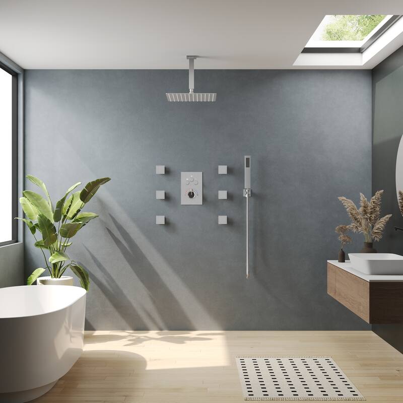 Shower System 12" Ceiling Rain Shower Head with 3-Way Thermostatic Faucet & Body Jets