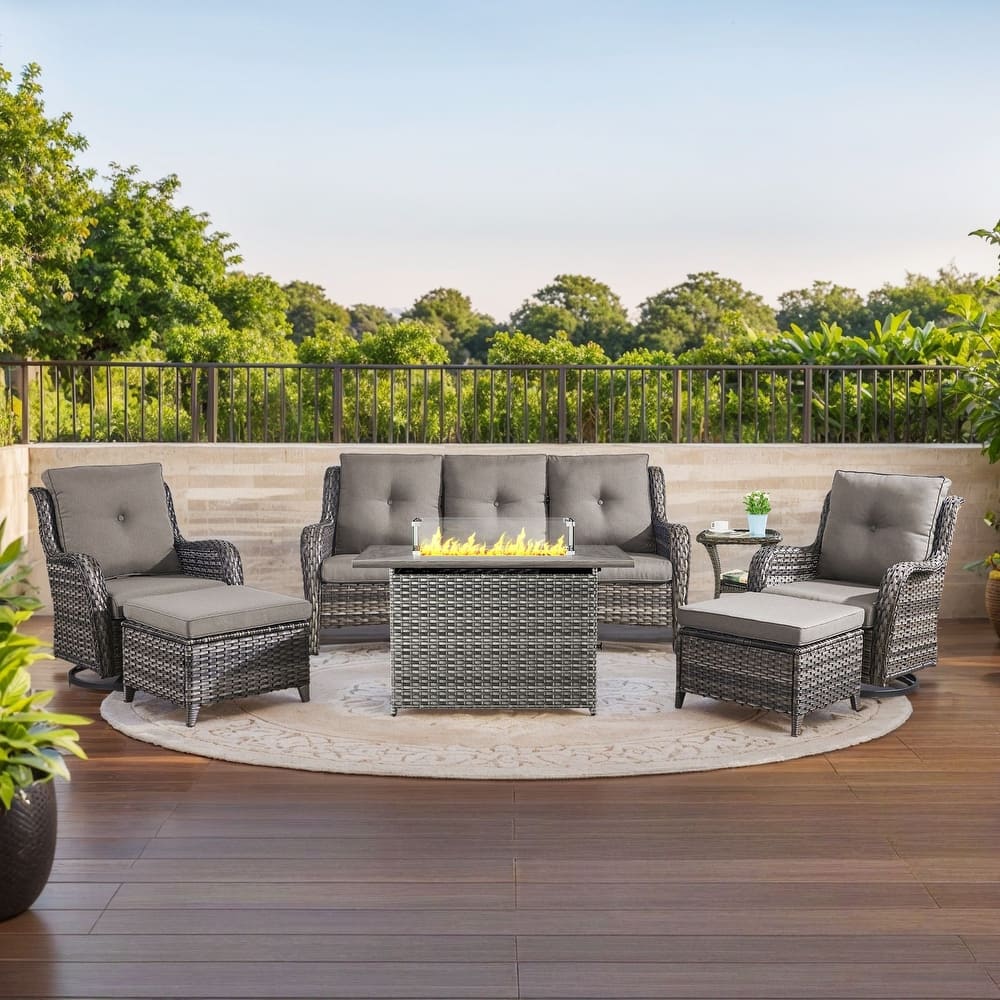 Gymojoy 7-Piece Outdoor Furniture Sofa Set with 2 Swivel Chairs, 2 Ottomans, End Table & 55K BTU Fire Pit Table