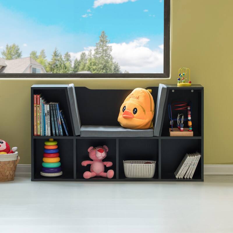 Modern Bookshelf with Storage Space and Gray Cushioned Reading Nook