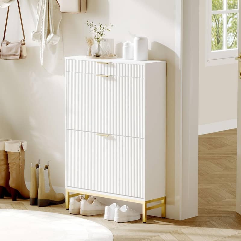 Slim Shoe Cabinet with 2 Flip Drawers & Top Drawer