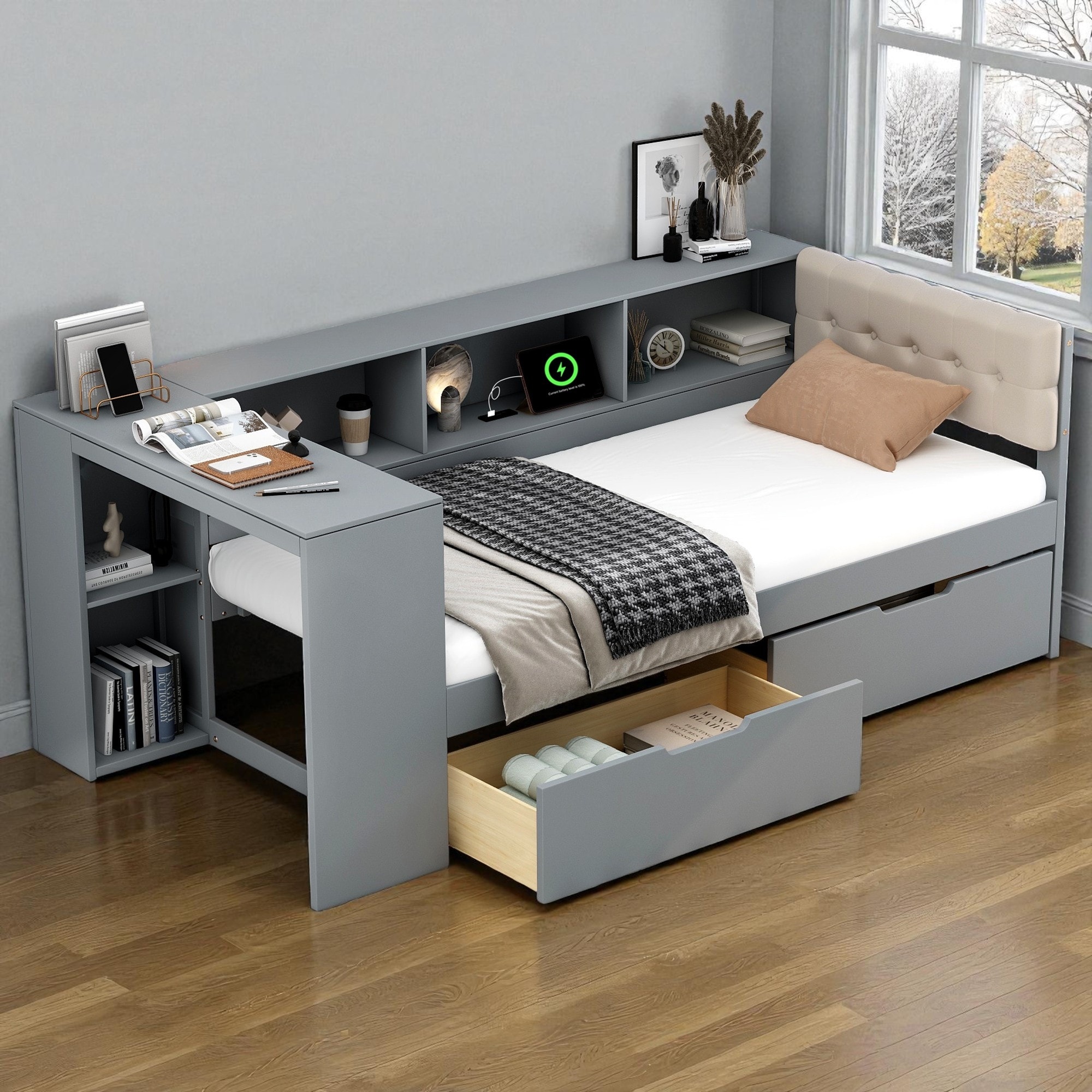 Wood Twin/Full Platform Bed with Upholstered Headboard, Storage Shelves, Drawers and Charging Station, No Box Spring Needed